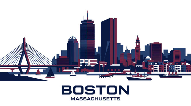 Boston Massachusetts Skyline Vector Illustration with Zakim Bridge and Downtown Waterfront in Modern Flat Style, Deep Navy Blue, Burgundy, Brick Red and Soft Beige Color Palette
