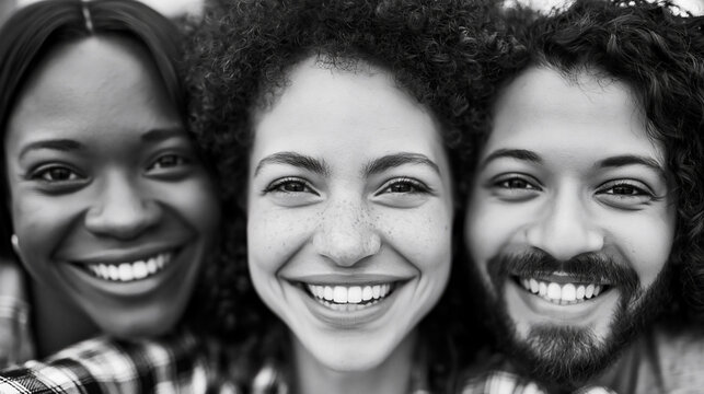 Artistic black and white close‑up portrait of three young adults of European, African and Mediterranean origin, cheek to cheek in dynamic engaging teamwork atmosphere, a natural gradient of skin tones