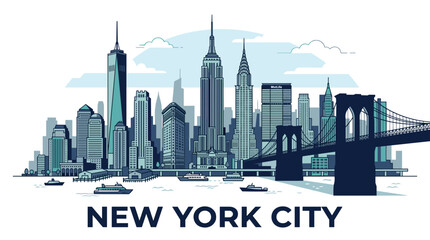 Fototapeta premium New York City Skyline Vector Illustration in Flat Modern Style with Blue Gray Urban Waterfront and Iconic Brooklyn Bridge