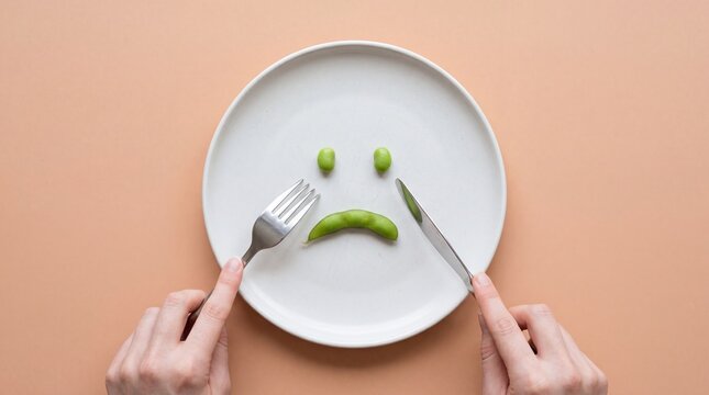 A person holds a fork and knife to an empty plate with a sad face made of green edamame beans, symbolizing hunger, dieting, or lack of food.