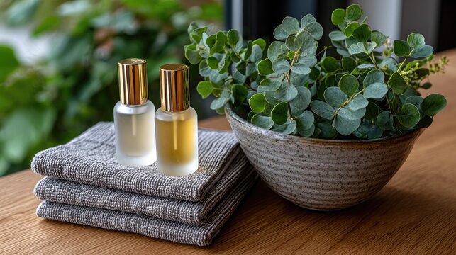 Flat lay of self-care products and natural elements on a wooden surface with towels and green leaves near window in a well-lit room