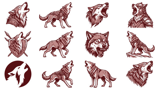 Detailed maroon wolf illustrations and forest crest emblems.