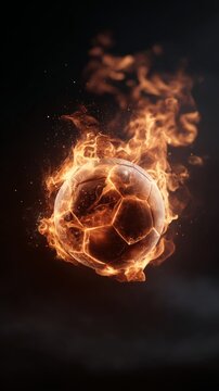 soccer ball in fire flames on black background