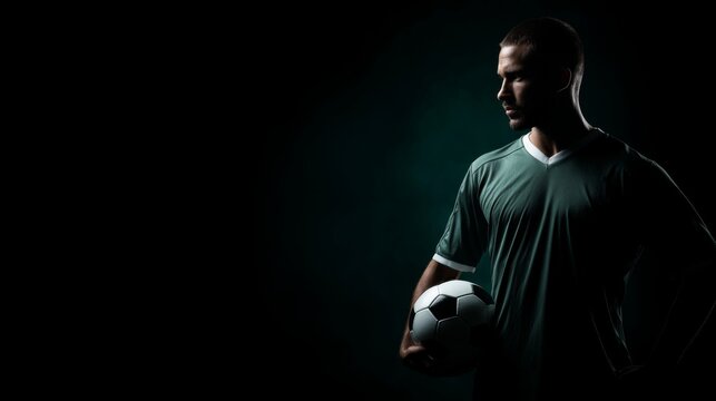 soccer player holding soccer ball in dramatic light on the black background with copy space