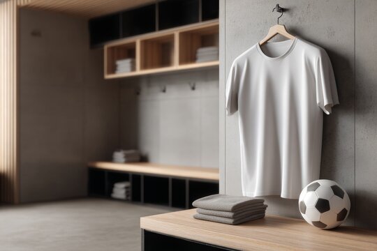 white shirt mockup and soccer ball in modern locker room