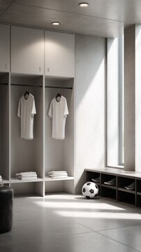 white shirt mockup and soccer ball in modern locker room