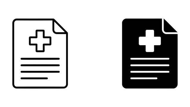 Medical Document Icons: Two simple graphic representations of a medical document, one in outline and one in solid black, featuring a prominent cross symbol.
