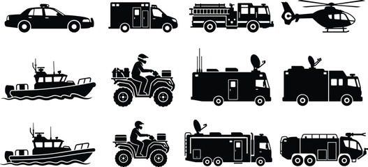 Obraz premium Emergency Response and Utility Vehicle Silhouette Icons Collection with Rescue Transport and Service Fleet