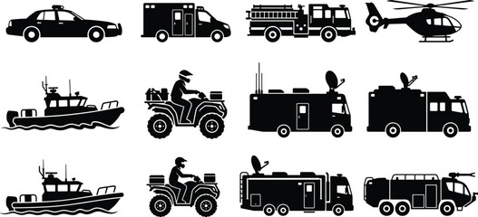 Fototapeta premium Emergency and Utility Vehicle Icons Set with Police Fire Rescue Marine and Aviation Silhouettes