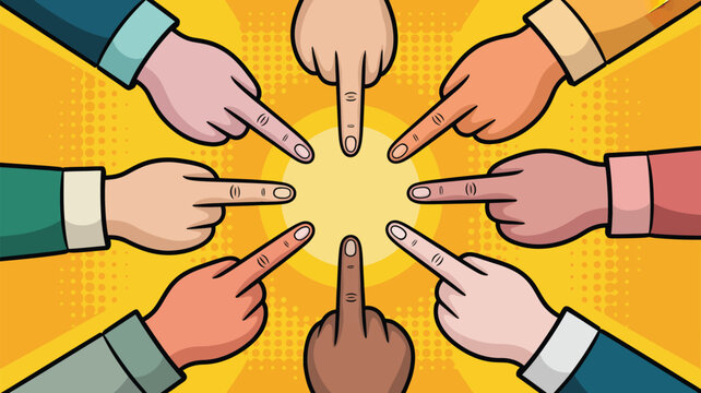 Diverse hands with different skin tones point together towards a bright central spot