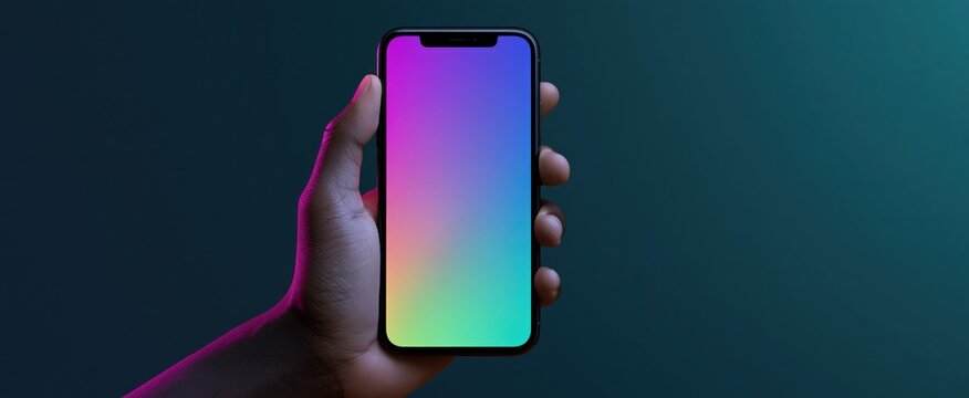 Hand holding modern smartphone with vibrant blank screen against gradient background for digital marketing.