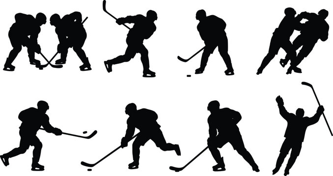 Ice Hockey Player Silhouette Collection with Skating Shooting Checking and Celebration Action Poses