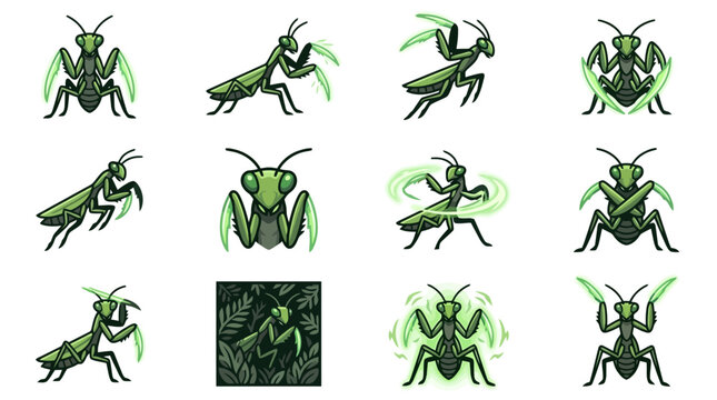 Green praying mantis insect mascot logo collection.