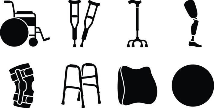 Medical Mobility Aid and Rehabilitation Equipment Silhouette Icon Set Featuring Wheelchair Crutches Walker Prosthetic Leg Knee Brace Cushion and Exercise Ball