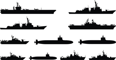 Obraz premium Military Naval Vessel Silhouette Collection with Aircraft Carrier Destroyer Submarine Patrol Boat and Warship Icons