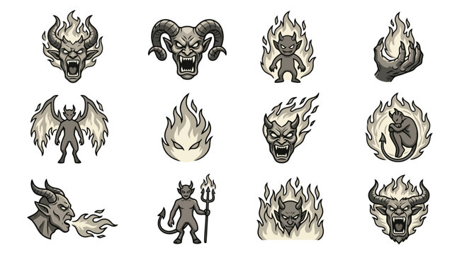 Grey ghoul and demon skull icon collection
