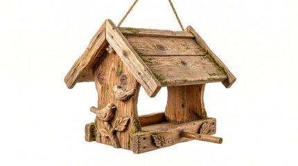 Comedero de madera para aves silvestres ideal para jardines y conceptos de naturaleza. © Argiduna