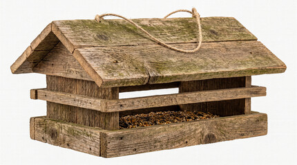 Comedero de madera para aves silvestres ideal para jardines y conceptos de naturaleza. © Argiduna