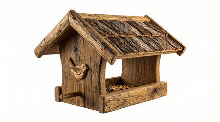 Comedero de madera para aves silvestres ideal para jardines y conceptos de naturaleza. © Argiduna