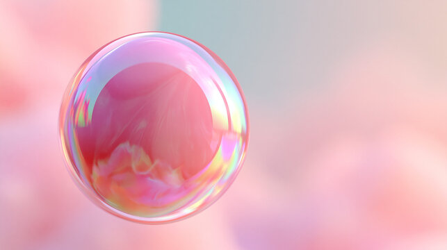 Large pink bubblegum bubble with iridescent highlights against a pastel background.