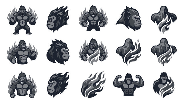 Monochromatic grey gorilla muscle and smoke mascot logos.