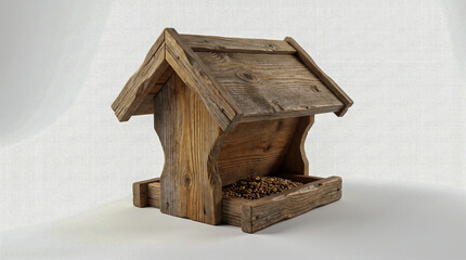 Comedero de madera para aves silvestres ideal para jardines y conceptos de naturaleza. © Argiduna