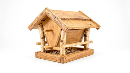 Comedero de madera para aves silvestres ideal para jardines y conceptos de naturaleza. © Argiduna