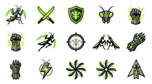 Praying mantis gaming and fantasy combat icons.