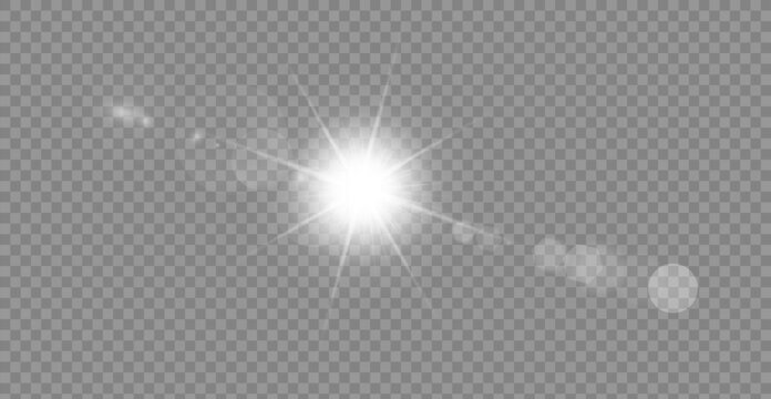 Vector transparent sunlight with lens flare effect. Overlays, light, Sun, sunrays, overlays, light transitions, lens flare, light leaks and glare in PNG format.