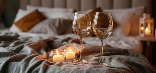 Fototapeta premium Softly lit bedroom featuring stylish wine glasses and lanterns, creating a warm and intimate ambiance.