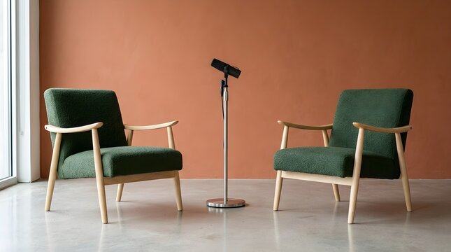 Two comfortable vintage green armchairs face each other with a professional podcasting microphone standing in the bright minimalist studio space