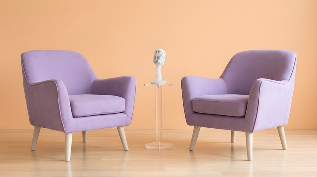 Two purple velvet armchairs face each other with a white vintage microphone placed on a small clear acrylic glass table