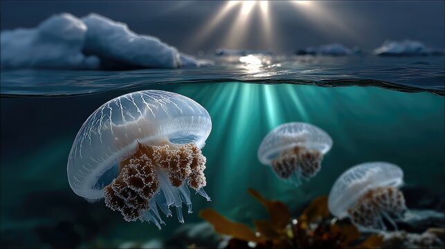 Jellyfish drift through clear Arctic waters as sunlight pierces the surface above floating icebergs in this underwater scene near Greenland