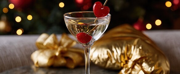 Fototapeta premium A festive setting featuring a cocktail glass adorned with a heart-shaped cherry stirrer and a gold ribbon.