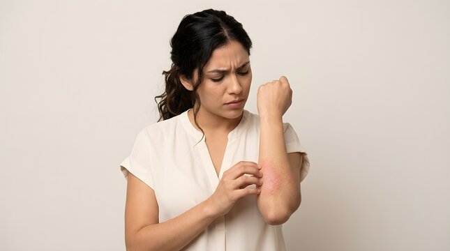 Young woman looking concerned while scratching the red irritated skin on her arm due to a painful allergic skin reaction