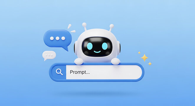 Smiling 3D AI assistant bot interacting with an input prompt box and message bubbles