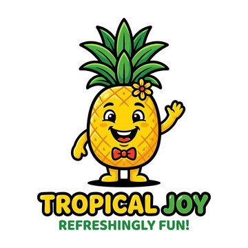 Happy pineapple character waves with cheerful smile and tropical flower accessory