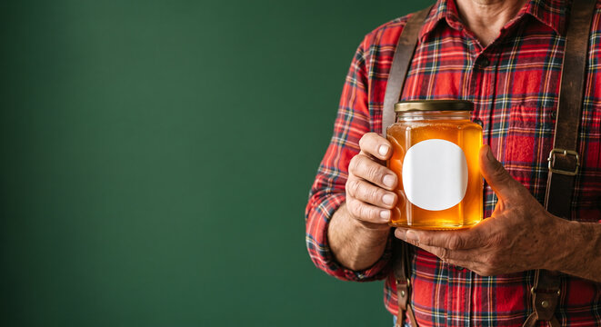 Person wearing red plaid shirt and leather suspenders holding glass jar with blank label on green.