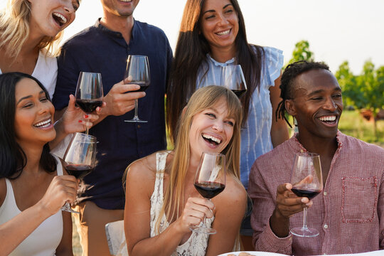 Group of multiracial friends having fun during wine tasting at vineyard - Diverse adult people celebrate outdoor during summer time - Party, vacation and friendship concept
