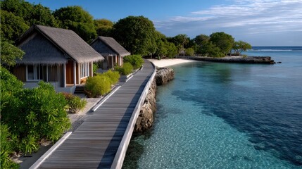 Fototapeta premium Perfect aerial view of a sustainable eco resort on a tropical island with overwater villas and a clear lagoon at sunrise