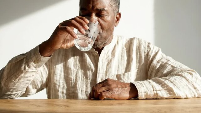 Smiling senior man drinking water from glass for hydration and refreshment healthy lifestyle at home interior wooden table sunlight casual shirt