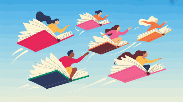 Diverse students and people flying on open books in a bright blue sky