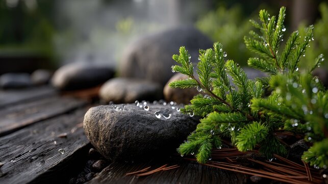 Steam rises from thermal water flowing over dark volcanic stone next to cedar decking with moss and pine needles in warm light during sunrise