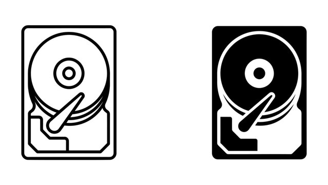 Hard Drive Icon Set: A clean, minimalist representation of a computer hard drive, shown in both outline and solid black versions, symbolizing data storage and digital information.