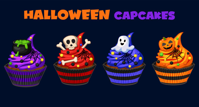 Halloween Cupcakes Set with Pumpkin, Ghost, Skull and Witch Dessert Vector Illustration