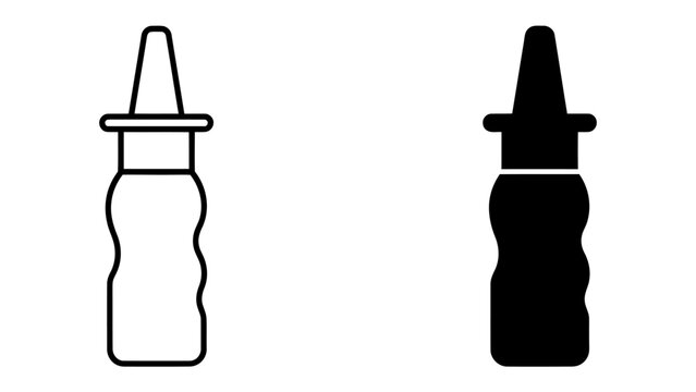 Nasal Spray Bottle Icon: A clear, modern vector graphic illustrating a nasal spray bottle in both outline and solid black form, representing health and medical treatment.