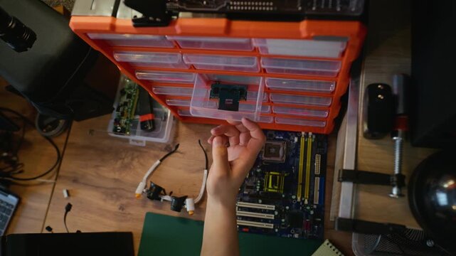 Male technician searching through organizer drawers for computer components and pulling out RAM module. Footage is perfect for hardware repair and DIY tech tutorials, top down