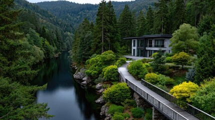 Fototapeta premium Luxury forest wellness pavilions stand above a dense pine forest with walkways connecting them and infinity pools at sunrise near a mountain lake
