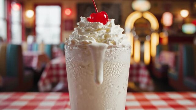 Tall vanilla milkshake with whipped cream and a cherry on top sitting on a red checkered tablecloth in a vintage 1950s diner
