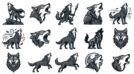 Fototapeta premium Black and white wolf silhouettes and minimalist mascot logos.